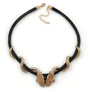 Double Snake Black Leather Cord Necklace 18" + Ext